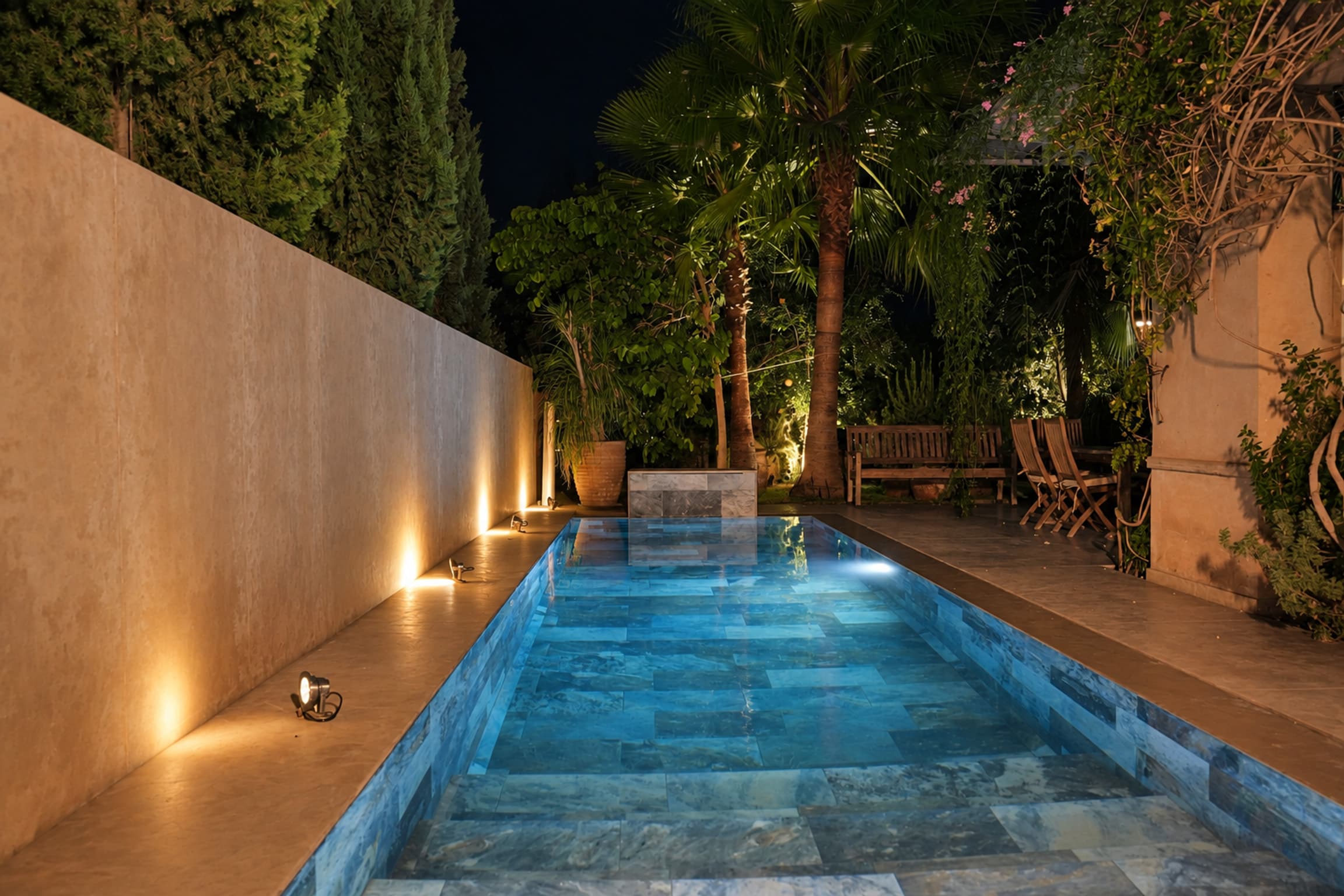 La piscine à la tombée du jour